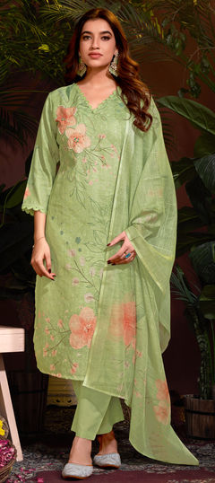 Green color Salwar Kameez in Linen fabric with Bugle Beads, Cut Dana, Resham, Sequence, Thread work