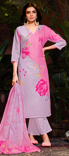 Pink and Majenta color Salwar Kameez in Linen fabric with Cut Dana, Embroidered, Floral, Printed, Resham work