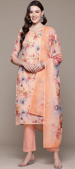 Pink and Majenta color Salwar Kameez in Linen fabric with Cut Dana, Floral, Printed work