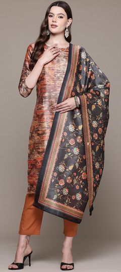 Beige and Brown color Salwar Kameez in Silk fabric with Cut Dana, Printed work