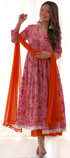 Orange, Pink and Majenta color Salwar Kameez in Cotton fabric with Block Print, Floral, Lace work