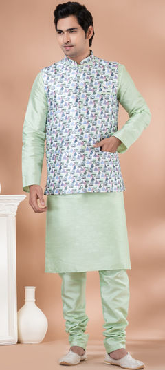 Green color Kurta Pyjama with Jacket in Banarasi Silk fabric with Printed work