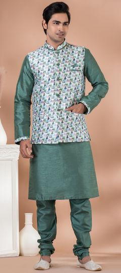 Green color Kurta Pyjama with Jacket in Banarasi Silk fabric with Printed work