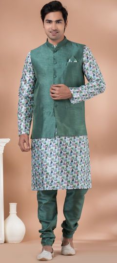 Multicolor color Kurta Pyjama with Jacket in Silk fabric with Printed work