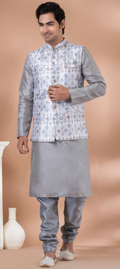 Black and Grey color Kurta Pyjama with Jacket in Banarasi Silk fabric with Printed work