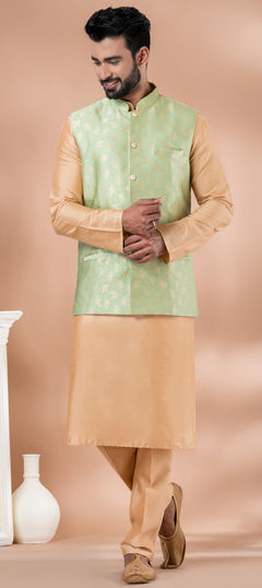 Beige and Brown color Kurta Pyjama with Jacket in Viscose fabric with Weaving work