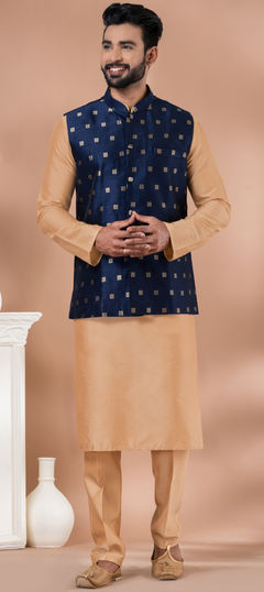 Beige and Brown color Kurta Pyjama with Jacket in Viscose fabric with Weaving work