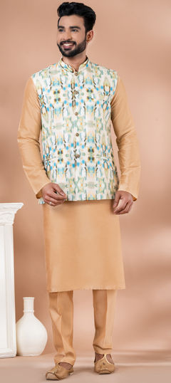 Beige and Brown color Kurta Pyjama with Jacket in Viscose fabric with Printed work