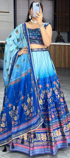 Engagement, Mehendi Sangeet, Wedding Blue color Lehenga in Art Silk fabric with Flared Gota Patti, Printed work : 1951988