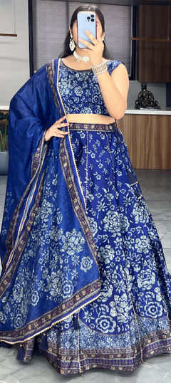 Engagement, Mehendi Sangeet, Wedding Blue color Lehenga in Art Silk fabric with Flared Gota Patti, Printed work : 1951989