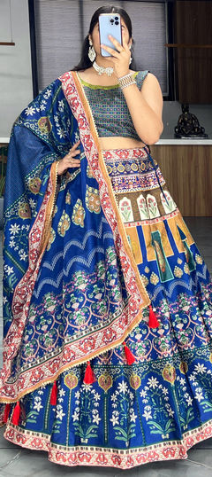 Engagement, Mehendi Sangeet, Wedding Blue color Lehenga in Art Silk fabric with Flared Gota Patti, Printed work : 1951990