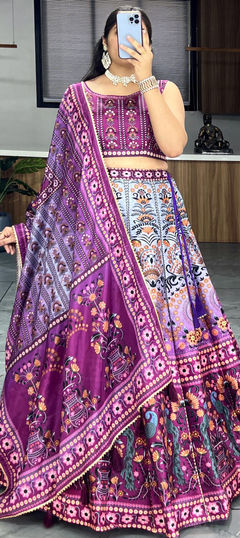 Engagement, Mehendi Sangeet, Wedding Purple and Violet color Lehenga in Art Silk fabric with Flared Gota Patti, Printed work : 1951991