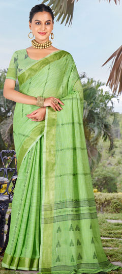 Green color Saree in Cotton fabric with Printed work