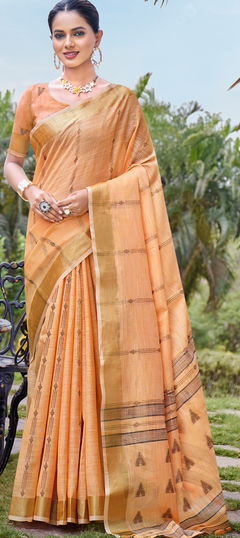 Orange color Saree in Cotton fabric with Printed work