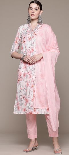 Festive, Summer Pink and Majenta, White and Off White color Salwar Kameez in Cotton fabric with A Line Bugle Beads, Cut Dana, Floral, Printed, Thread work : 1952084