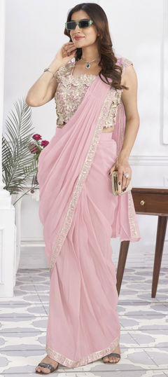 Reception, Wedding Pink and Majenta color Readymade Saree in Georgette fabric with Classic Embroidered, Sequence, Thread work : 1952114