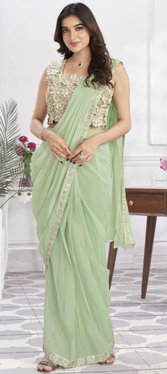 Reception, Wedding Green color Readymade Saree in Georgette fabric with Classic Embroidered, Sequence, Thread work : 1952115