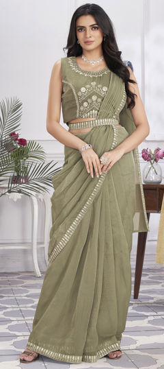 Reception, Wedding Green color Readymade Saree in Organza Silk fabric with Classic Embroidered, Sequence, Thread work : 1952117