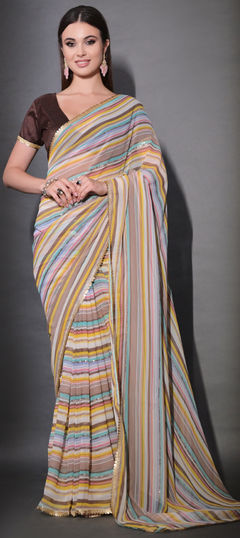 Multicolor color Saree in Georgette fabric with Lace, Printed, Sequence work