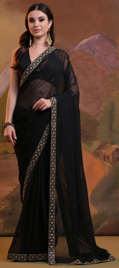 Black and Grey color Saree in Georgette fabric with Embroidered, Sequence, Thread work