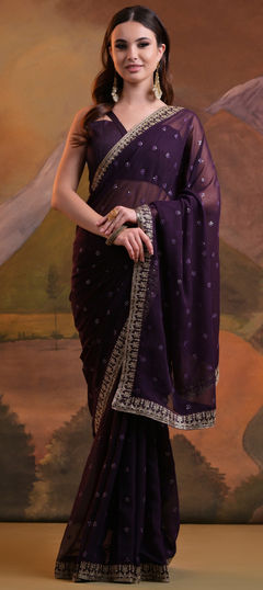 Purple and Violet color Saree in Georgette fabric with Embroidered, Sequence, Thread work