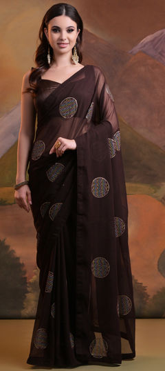 Beige and Brown color Saree in Georgette fabric with Embroidered, Sequence work