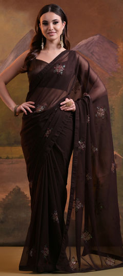 Beige and Brown color Saree in Georgette fabric with Embroidered, Sequence work