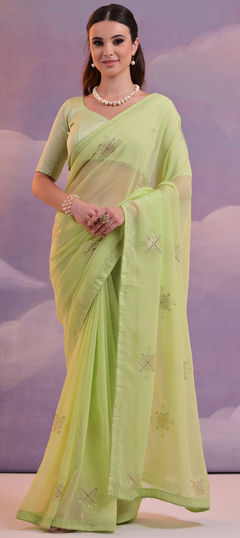 Green color Saree in Georgette fabric with Embroidered, Sequence work