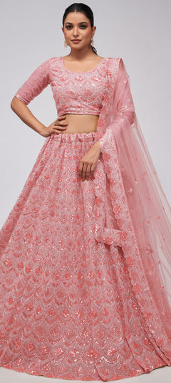 Bridal, Wedding Pink and Majenta color Lehenga in Net fabric with Flared Cut Dana, Embroidered, Sequence, Stone work : 1952138