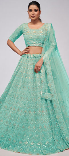 Bridal, Wedding Green color Lehenga in Net fabric with Flared Cut Dana, Embroidered, Sequence, Stone work : 1952139