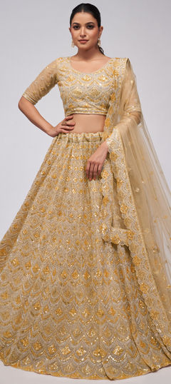 Bridal, Wedding Beige and Brown color Lehenga in Net fabric with Flared Cut Dana, Embroidered, Sequence, Stone work : 1952140