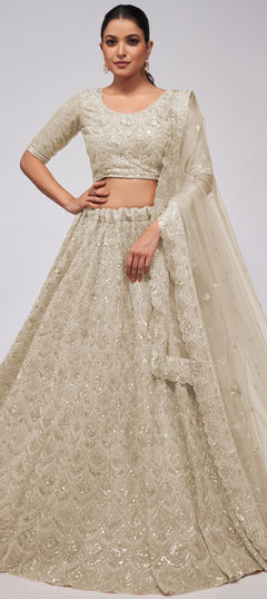 Bridal, Wedding White and Off White color Lehenga in Net fabric with Flared Cut Dana, Embroidered, Sequence, Stone work : 1952142