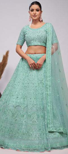 Bridal, Wedding Blue color Lehenga in Net fabric with Flared Bugle Beads, Cut Dana, Embroidered, Sequence work : 1952143