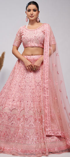 Bridal, Wedding Pink and Majenta color Lehenga in Net fabric with Flared Bugle Beads, Cut Dana, Embroidered, Sequence work : 1952145