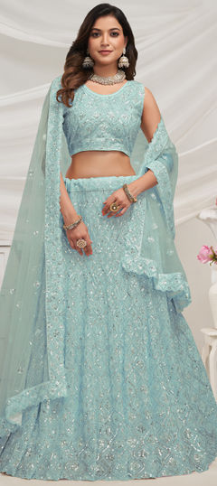 Bridal, Wedding Blue color Lehenga in Net fabric with Flared Cut Dana, Embroidered, Sequence, Stone work : 1952146