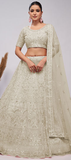 Bridal, Wedding White and Off White color Lehenga in Net fabric with Flared Bugle Beads, Cut Dana, Embroidered, Sequence work : 1952149