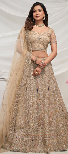 Bridal, Wedding Beige and Brown color Lehenga in Net fabric with Flared Bugle Beads, Cut Dana, Embroidered, Sequence work : 1952151