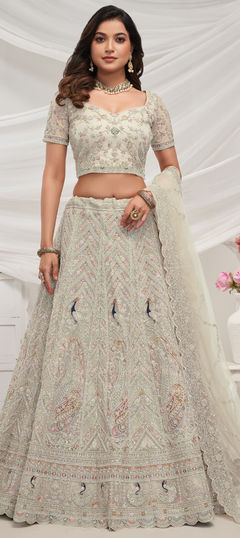 Bridal, Wedding Black and Grey color Lehenga in Net fabric with Flared Bugle Beads, Cut Dana, Embroidered, Sequence work : 1952154