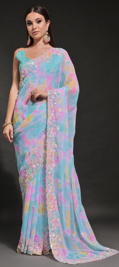 Blue color Saree in Georgette fabric with Embroidered, Printed, Sequence work