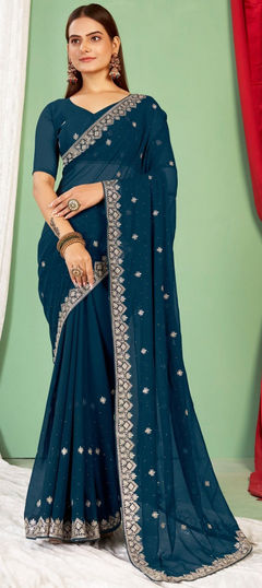 Blue color Saree in Georgette fabric with Embroidered, Resham, Thread work