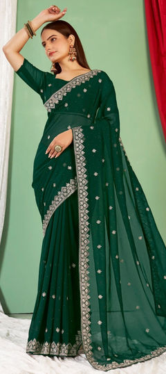 Green color Saree in Georgette fabric with Embroidered, Resham, Thread work