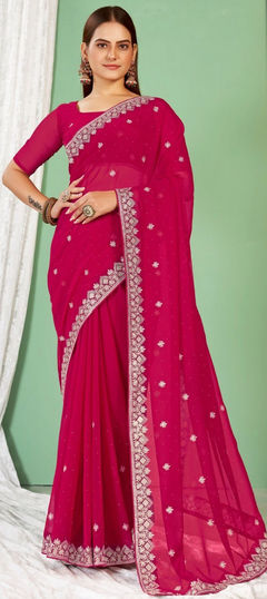 Pink and Majenta color Saree in Georgette fabric with Embroidered, Resham, Thread work