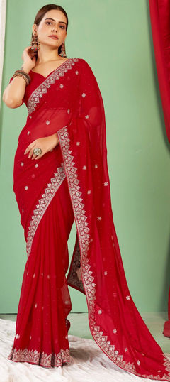 Red and Maroon color Saree in Georgette fabric with Embroidered, Resham, Thread work