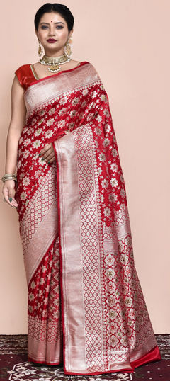 Red and Maroon color Saree in Silk fabric with Weaving, Zari work