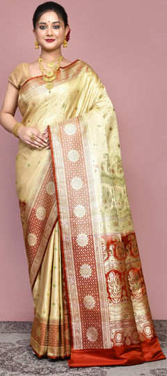 Beige and Brown color Saree in Silk fabric with Weaving, Zari work