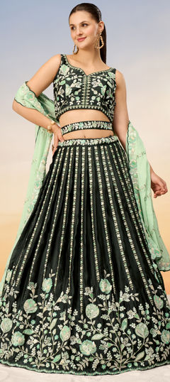 Bridal, Wedding Green color Lehenga in Satin Silk fabric with Flared Embroidered, Sequence, Thread work : 1952233