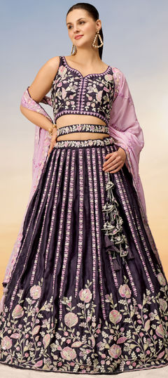 Bridal, Wedding Purple and Violet color Lehenga in Satin Silk fabric with Flared Embroidered, Sequence, Thread work : 1952234