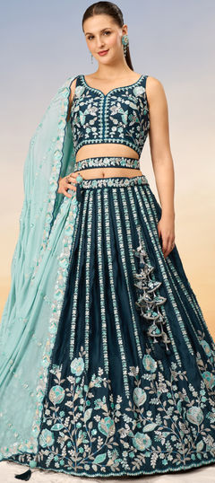 Bridal, Wedding Blue color Lehenga in Satin Silk fabric with Flared Embroidered, Sequence, Thread work : 1952235