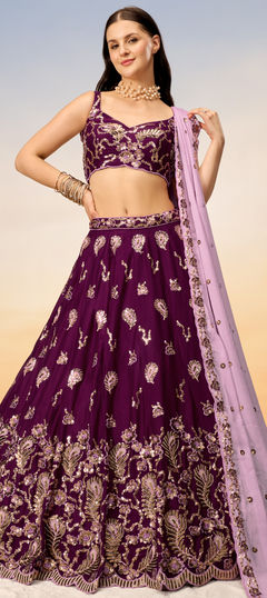 Bridal, Wedding Purple and Violet color Lehenga in Georgette fabric with Flared Embroidered, Sequence, Thread work : 1952236