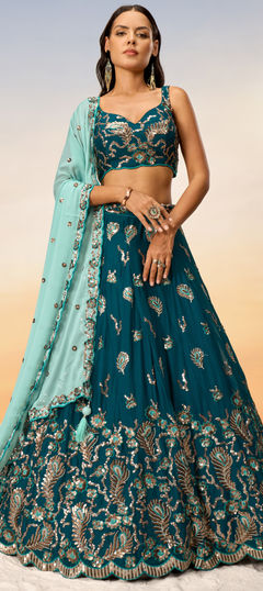 Bridal, Wedding Blue color Lehenga in Georgette fabric with Flared Embroidered, Sequence, Thread work : 1952237